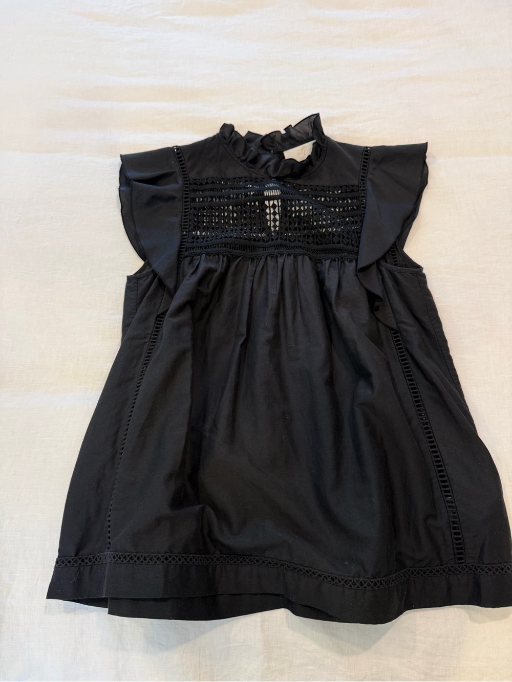 7 For All Mankind Black Crochet Yoke Ruffle Sleeve Top